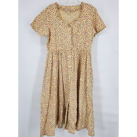 Midi A Line Dress Large Floral Yellow Button Pockets Boho Cottage Country Modest - Picture 2 of 10